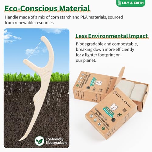 LILY & EDITH Plant Based Dental Floss Picks Adults and Kids 300 Counts, Fluoride-Free, Plant Based Straw Wheat, Earth Friend, Zero Waste Package, Shred Resistant (Unflavored) - Image 4