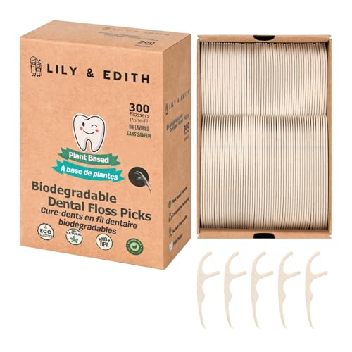 LILY & EDITH Plant Based Dental Floss Picks Adults and Kids 300 Counts, Fluoride-Free, Plant Based Straw Wheat, Earth Friend, Zero Waste Package, Shred Resistant (Unflavored) - Image 1