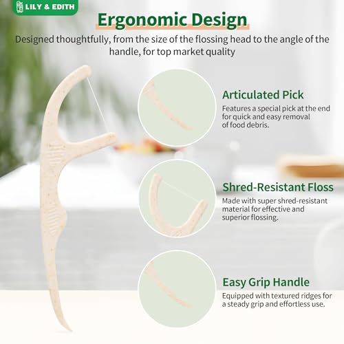 LILY & EDITH Plant Based Dental Floss Picks Adults and Kids 300 Counts, Fluoride-Free, Plant Based Straw Wheat, Earth Friend, Zero Waste Package, Shred Resistant (Unflavored) - Image 3