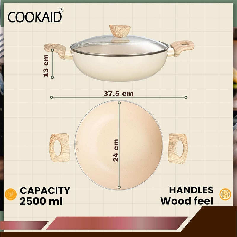 COOKAID Neo Glide Series Non Stick PTFE Kadhai 24 cm with Glass Lid| Aluminium Body| Non Stick PTFE| Gas & Induction Compatible| ISI Certified | 2.5 LTR | Cream - Image 3
