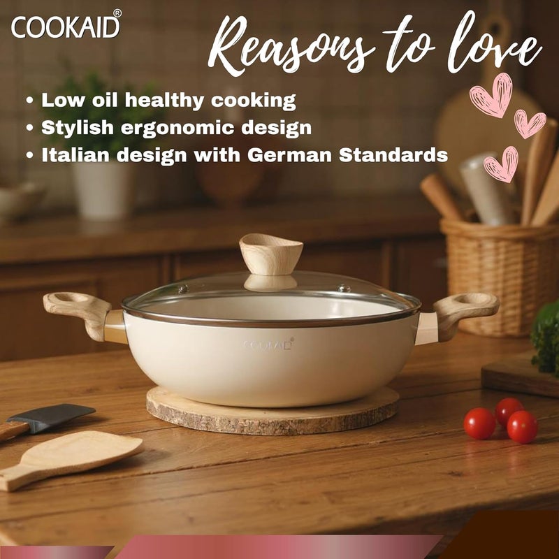 COOKAID Neo Glide Series Non Stick PTFE Kadhai 24 cm with Glass Lid| Aluminium Body| Non Stick PTFE| Gas & Induction Compatible| ISI Certified | 2.5 LTR | Cream - Image 2
