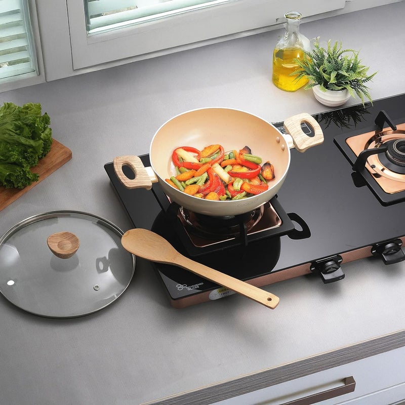 COOKAID Neo Glide Series Non Stick PTFE Kadhai 24 cm with Glass Lid| Aluminium Body| Non Stick PTFE| Gas & Induction Compatible| ISI Certified | 2.5 LTR | Cream - Image 1