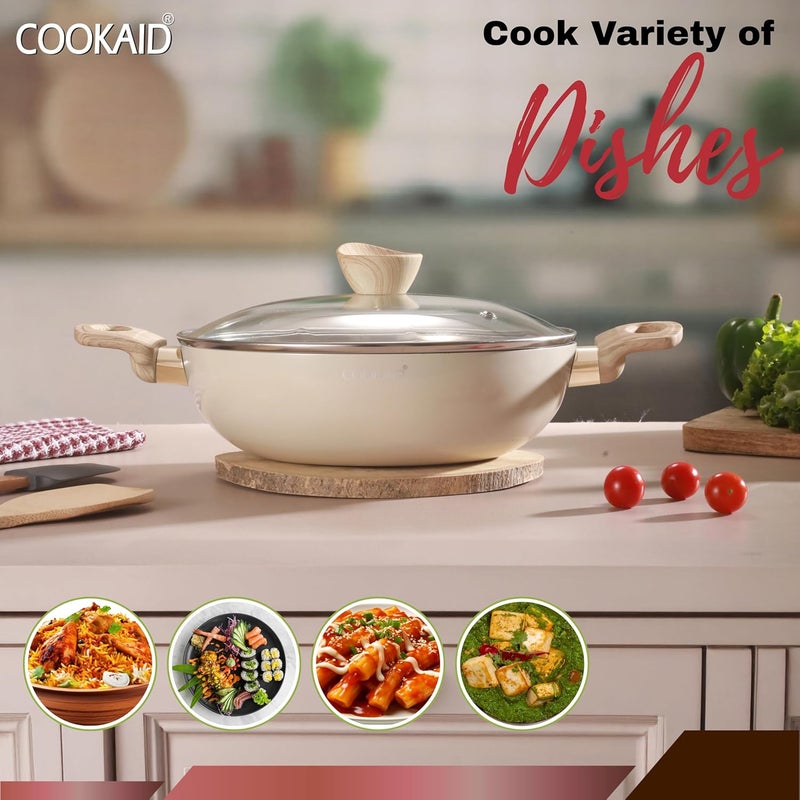 COOKAID Neo Glide Series Non Stick PTFE Kadhai 24 cm with Glass Lid| Aluminium Body| Non Stick PTFE| Gas & Induction Compatible| ISI Certified | 2.5 LTR | Cream - Image 4