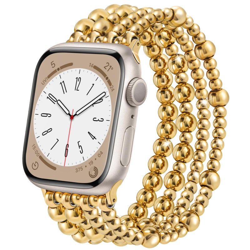 AIRSPO Gold Beaded Bracelets Compatible for Apple Watch Band 38mm 40mm 41mm 42mm 44mm 45mm Women, Fashion Handmade Dressy iPhone Watch Bands Elastic Strap for iWatch Series SE 8 7 6 5 4 3 2 1 (Gold Bead, 38mm/40mm/41mm-S(5.3"-6.2")) - Image 1