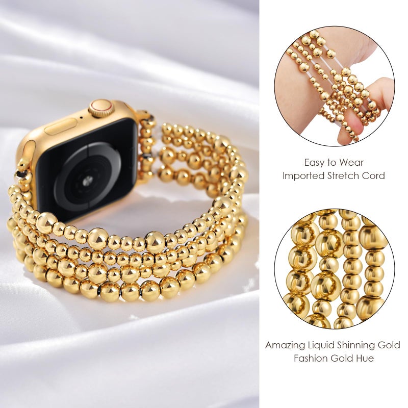 AIRSPO Gold Beaded Bracelets Compatible for Apple Watch Band 38mm 40mm 41mm 42mm 44mm 45mm Women, Fashion Handmade Dressy iPhone Watch Bands Elastic Strap for iWatch Series SE 8 7 6 5 4 3 2 1 (Gold Bead, 38mm/40mm/41mm-S(5.3"-6.2")) - Image 2