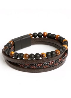 Leather and Stainless Steel Bangle Woven Tiger Eye Stone Bead Bracelet for Men
