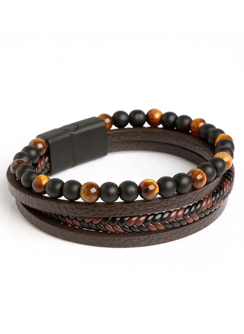 Generic - Leather and Stainless Steel Bangle Woven Tiger Eye Stone Bead Bracelet for Men - Image 1