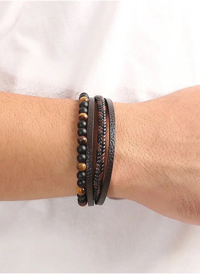 Generic - Leather and Stainless Steel Bangle Woven Tiger Eye Stone Bead Bracelet for Men - Image 1