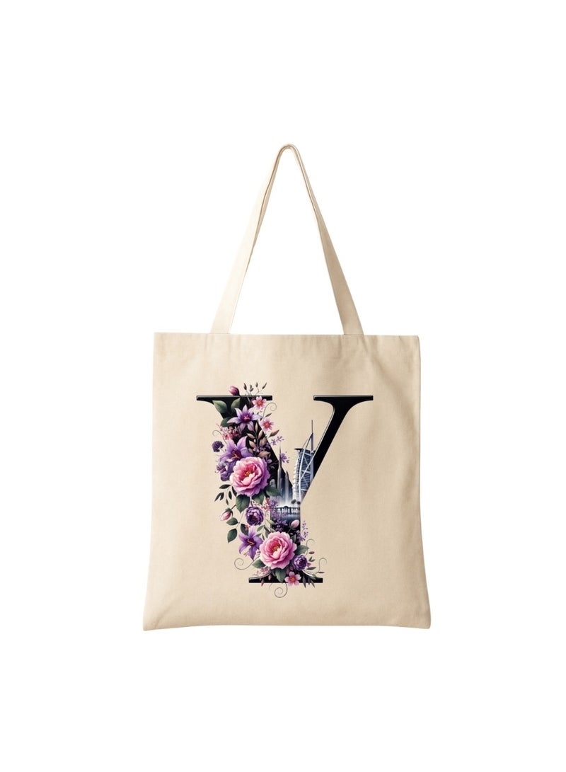 برينت شوب فور مي حقيبة تسوق صديقة للبيئة بنقشة أحرف أولية - حقيبة تسوق قماشية بطبعة زهور وأفق دبي | هدية قابلة لإعادة الاستخدام لإشبينة العروس، هدايا زفاف، حقيبة حمل يومية - Image 1