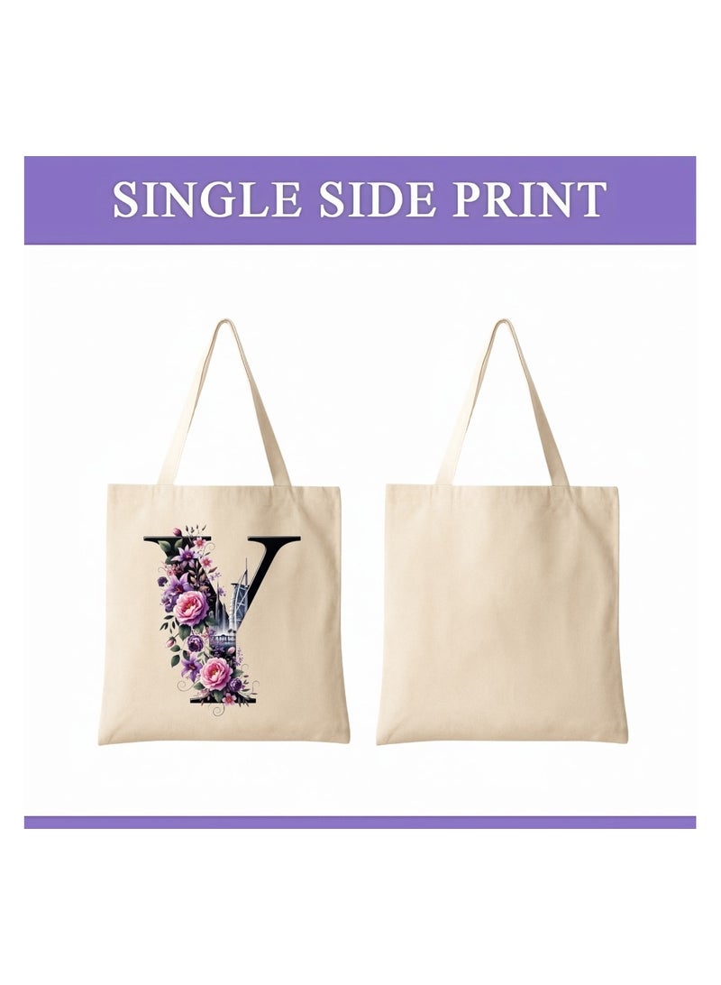 برينت شوب فور مي حقيبة تسوق صديقة للبيئة بنقشة أحرف أولية - حقيبة تسوق قماشية بطبعة زهور وأفق دبي | هدية قابلة لإعادة الاستخدام لإشبينة العروس، هدايا زفاف، حقيبة حمل يومية - Image 2