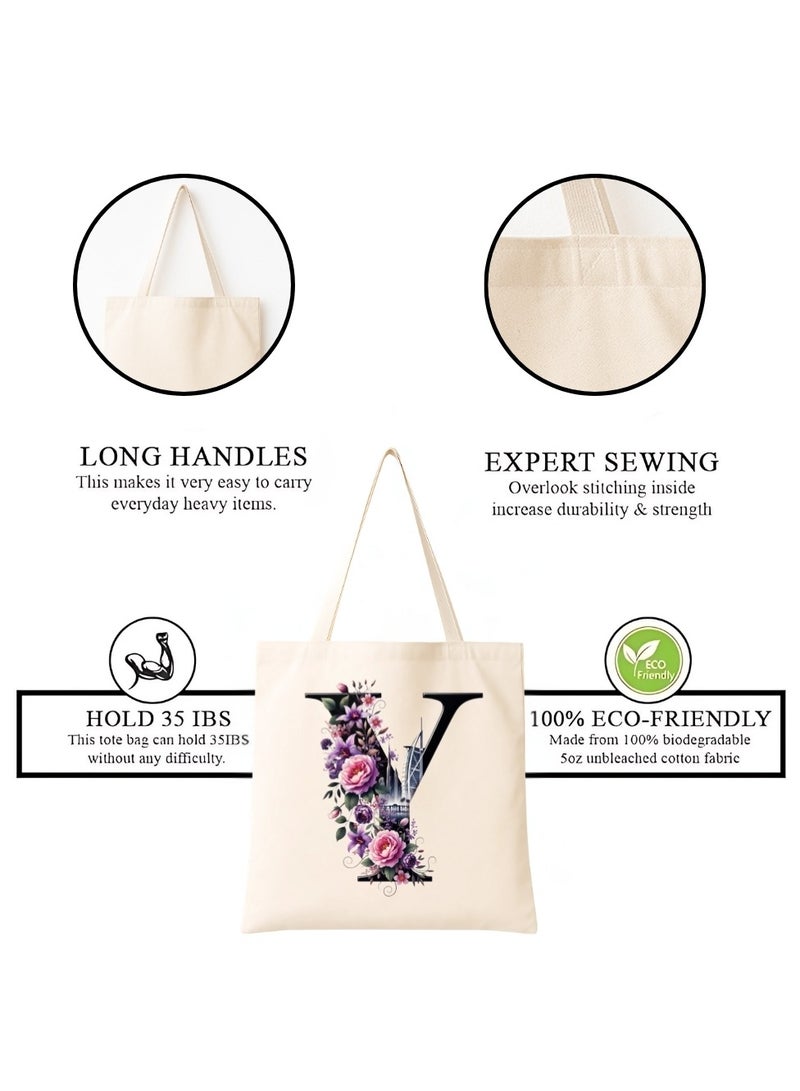 برينت شوب فور مي حقيبة تسوق صديقة للبيئة بنقشة أحرف أولية - حقيبة تسوق قماشية بطبعة زهور وأفق دبي | هدية قابلة لإعادة الاستخدام لإشبينة العروس، هدايا زفاف، حقيبة حمل يومية - Image 4