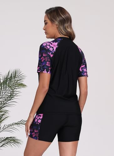 Halcurt Womens Two Piece Rash Guard Swim Shirts Built in Bra Swimsuit with Boyshorts Pockets Floral M - Image 3