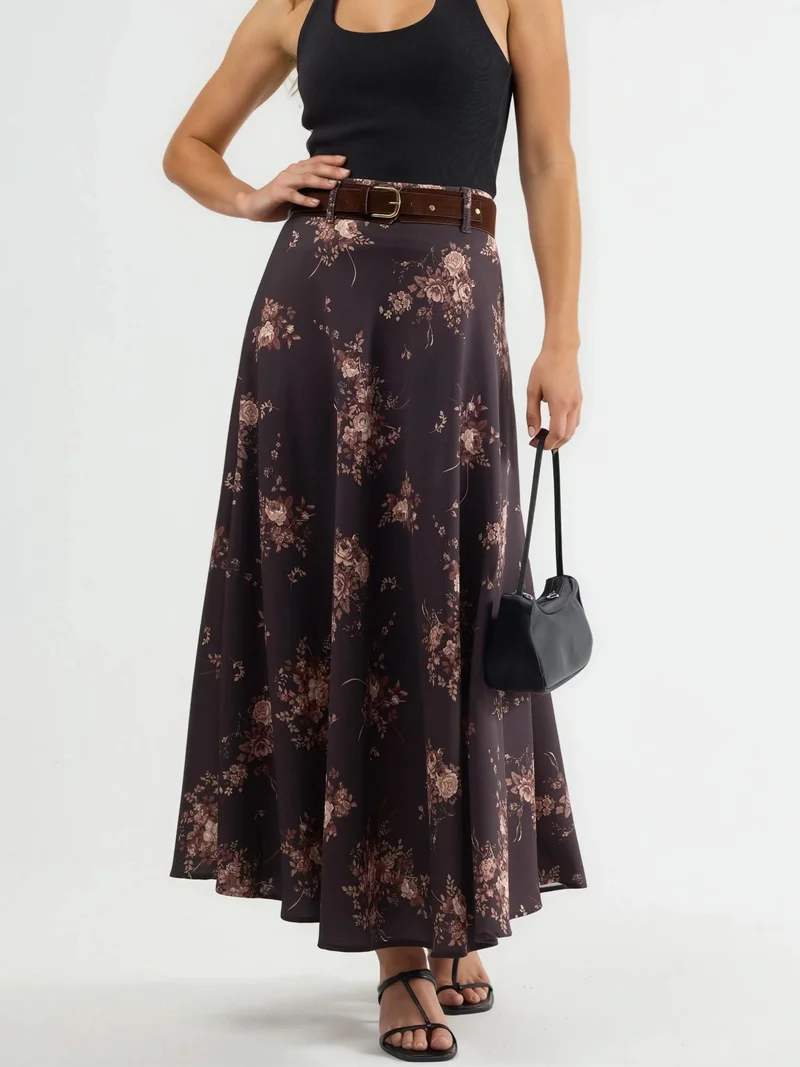 Qustyle QU STYLE High Waist Floral Belted Maxi Skirt