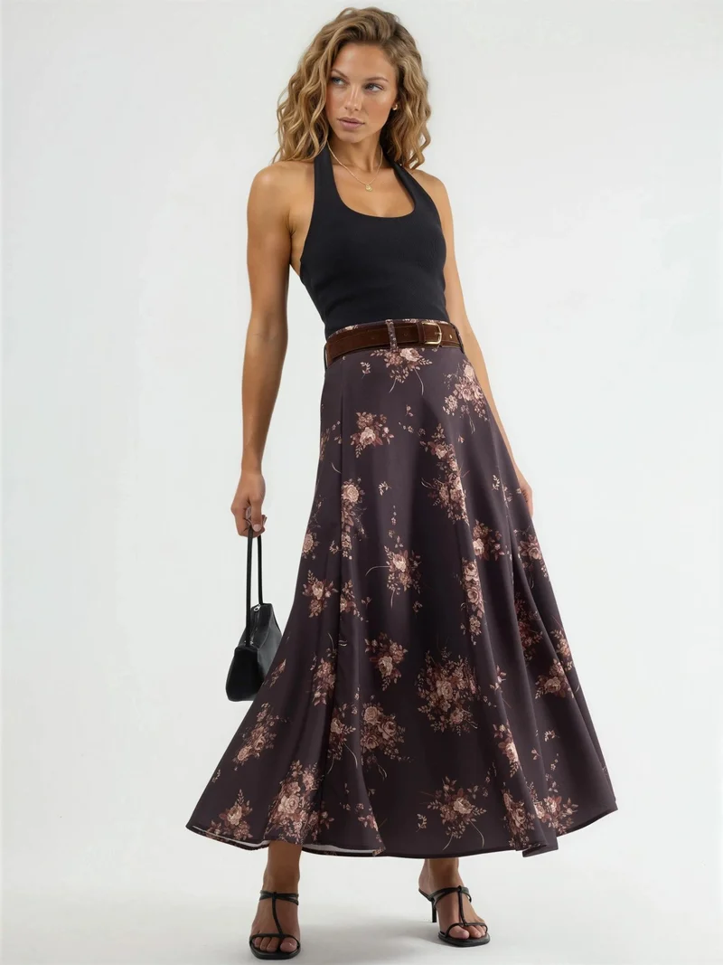 Qustyle QU STYLE High Waist Floral Belted Maxi Skirt