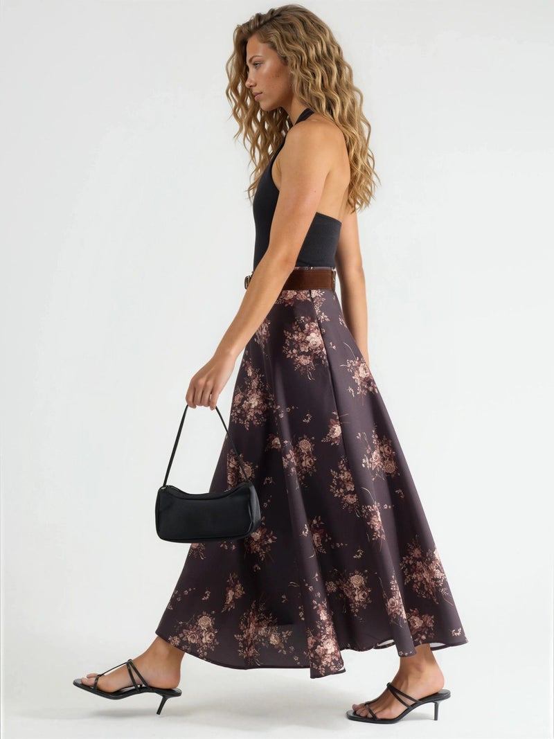 Qustyle QU STYLE High Waist Floral Belted Maxi Skirt - Image 3