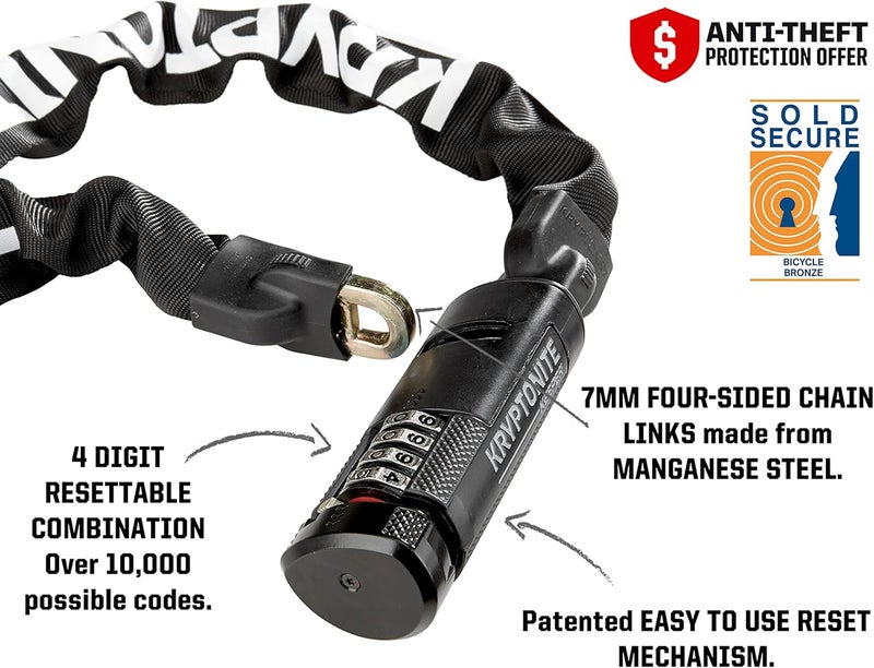 Kryptonite Keeper 790 Combo Bike Chain Lock, 3 Feet Long Heavy Duty Anti-Theft Sold Secure Gold Bicycle Chain Lock, 4-Digit Resettable Combination Lock for E-Bike Scooter Road Mountain Bikes - Image 3