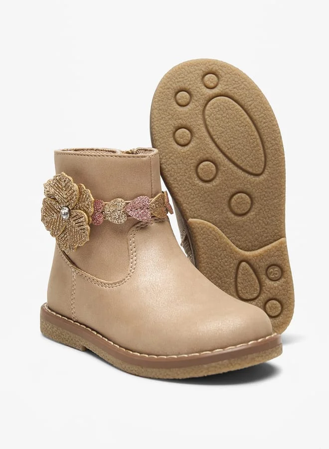 JUNIORS Girls Floral Accent Low Ankle Boots with Zip Closure