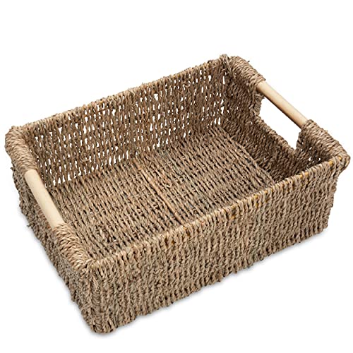 VATIMA Natural Seagrass Storage Basket with Handle, Rectangular Woven Organizer Bin for Living Room or Shelf, Decorative Storage Basket, Medium Size 13.4 x 9.3 x 4.9 Inches - Image 1