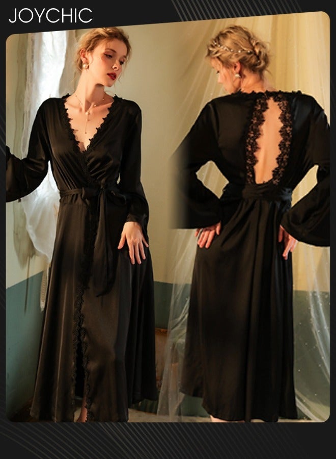 Joychic French Romantic Light Luxury Elegant Spring and Autumn Women Soft Satin Nightgown Long-sleeved Backless Pajamas V-neck Sleep Robe with Belt Horn Cuff Design Black - Image 1