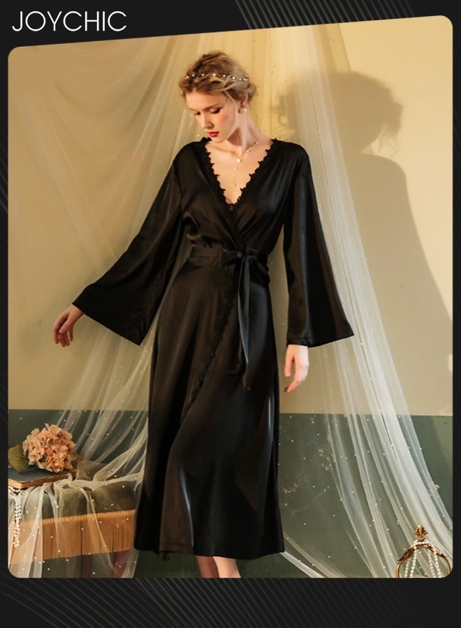 Joychic French Romantic Light Luxury Elegant Spring and Autumn Women Soft Satin Nightgown Long-sleeved Backless Pajamas V-neck Sleep Robe with Belt Horn Cuff Design Black - Image 2