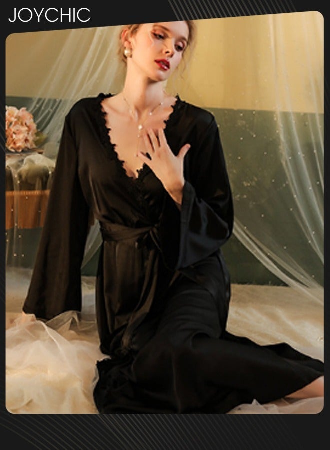 Joychic French Romantic Light Luxury Elegant Spring and Autumn Women Soft Satin Nightgown Long-sleeved Backless Pajamas V-neck Sleep Robe with Belt Horn Cuff Design Black - Image 3