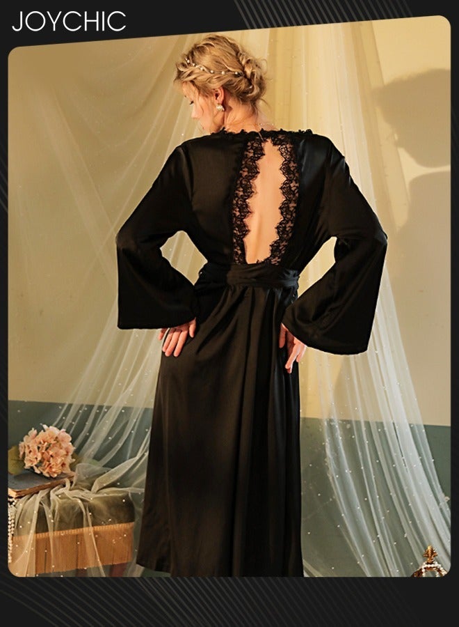 Joychic French Romantic Light Luxury Elegant Spring and Autumn Women Soft Satin Nightgown Long-sleeved Backless Pajamas V-neck Sleep Robe with Belt Horn Cuff Design Black - Image 4