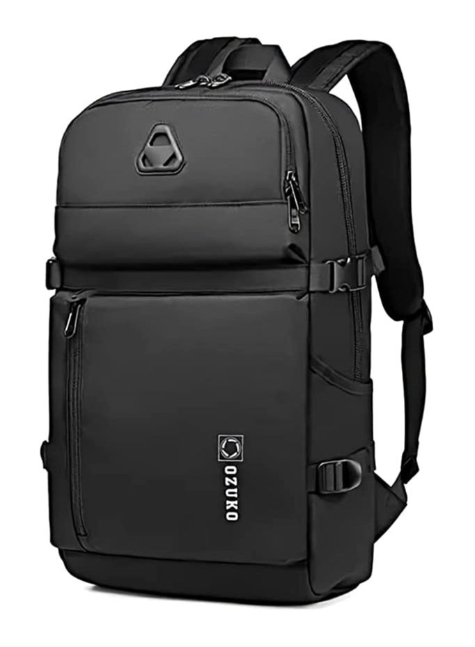Ozuko 9479 Waterproof High Capacity Zipper Backpack With Front Storage Bag And Shoulder Buckle - Black - Image 2