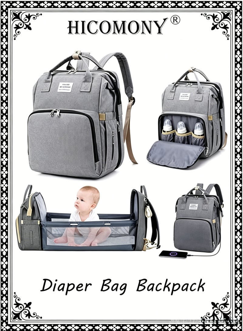 Hicomony Diaper Bag Backpack, Multifunctional Portable Baby Mom Bag with USB, Waterproof, Foldable Crib with Stroller Straps, Sunshade, Changing Pad, Travel Friendly - Image 1