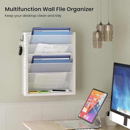 Creso hom Mail Organizer Wall Mounted, 6-Tier Wall File Organizer with 2 Hooks, Wooden Desk Organizer Magazine Holder with Bottom Flat Tray, for Office Home, White - Image 4