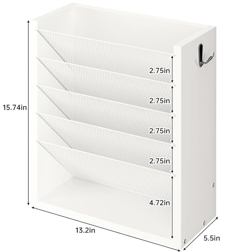 Creso hom Mail Organizer Wall Mounted, 6-Tier Wall File Organizer with 2 Hooks, Wooden Desk Organizer Magazine Holder with Bottom Flat Tray, for Office Home, White - Image 3