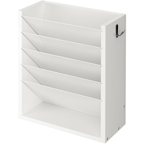 Creso hom Mail Organizer Wall Mounted, 6-Tier Wall File Organizer with 2 Hooks, Wooden Desk Organizer Magazine Holder with Bottom Flat Tray, for Office Home, White - Image 1