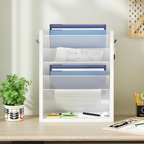 Creso hom Mail Organizer Wall Mounted, 6-Tier Wall File Organizer with 2 Hooks, Wooden Desk Organizer Magazine Holder with Bottom Flat Tray, for Office Home, White - Image 2