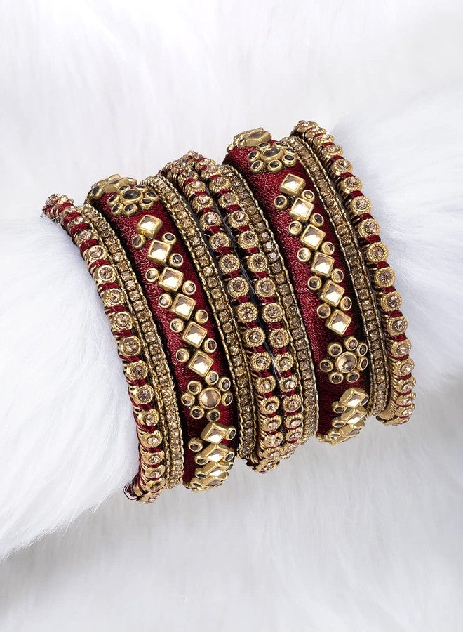 Aheli Ethnic Handmade Silk Thread Faux Stone Studded Bangle Set Chuda Indian Wear Fashion Jewelry Gift for Women (Maroon) - Image 3