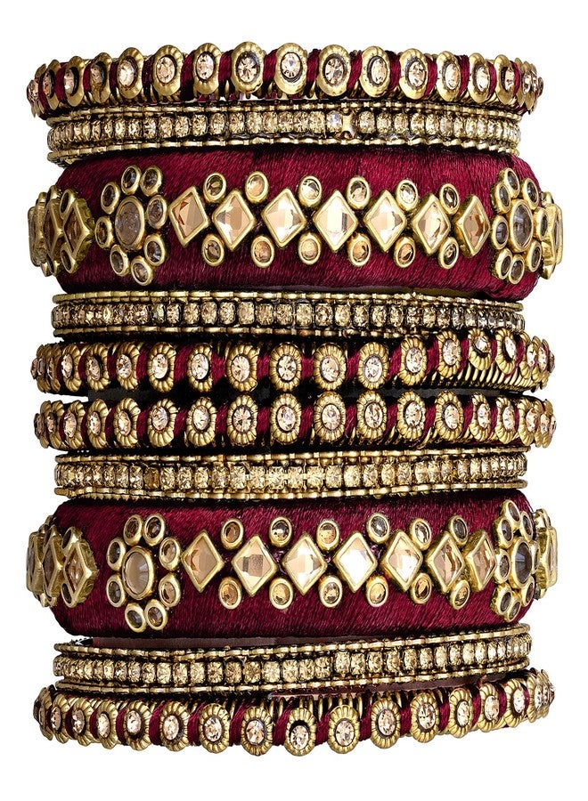 Aheli Ethnic Handmade Silk Thread Faux Stone Studded Bangle Set Chuda Indian Wear Fashion Jewelry Gift for Women (Maroon) - Image 1