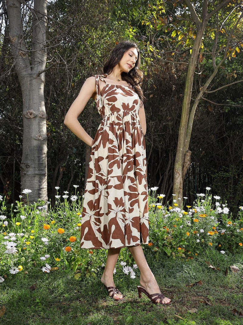 Stylum Women's Floral Printed Cotton A-Line Dress Brown - Image 3