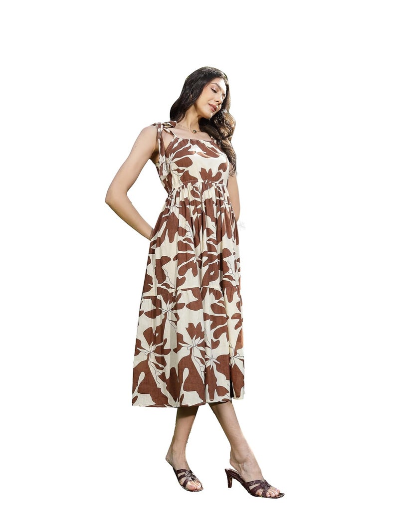 Stylum Women's Floral Printed Cotton A-Line Dress Brown - Image 1