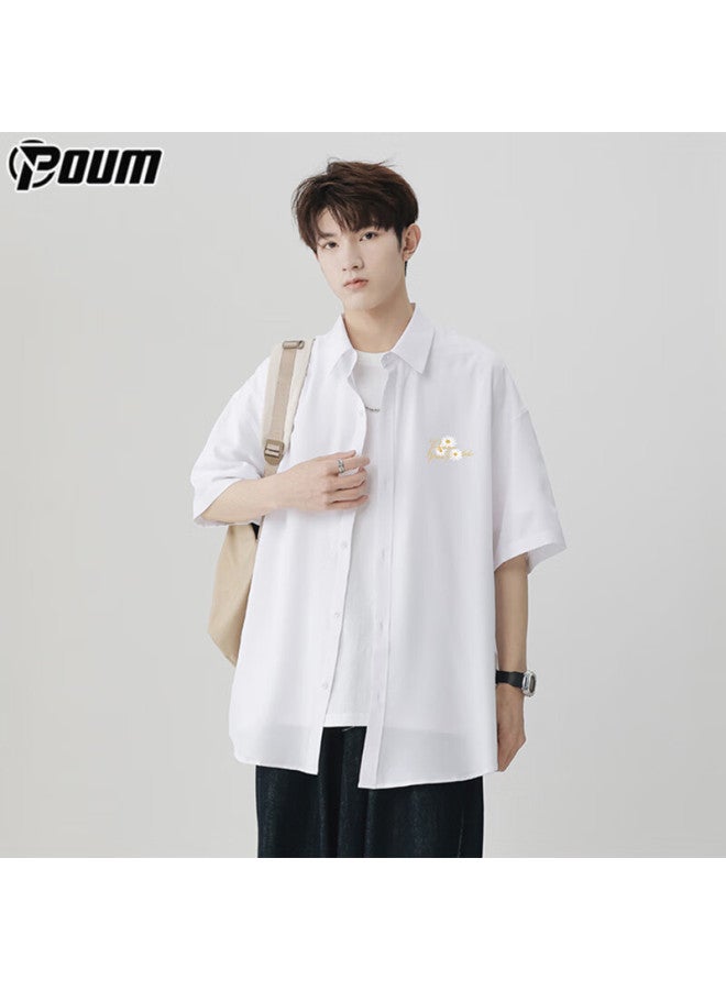 Poum Hong Kong Style Short Sleeve Shirt Men's Summer Casual Cool Feeling Loose Jacket Top Ph20 White 2XL - Image 1