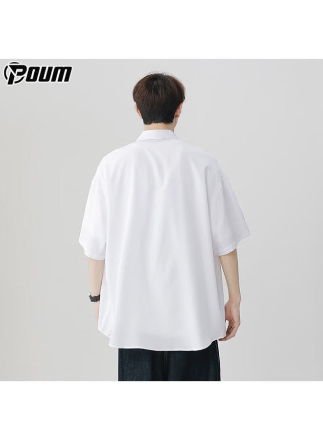 Poum Hong Kong Style Short Sleeve Shirt Men's Summer Casual Cool Feeling Loose Jacket Top Ph20 White 2XL - Image 3