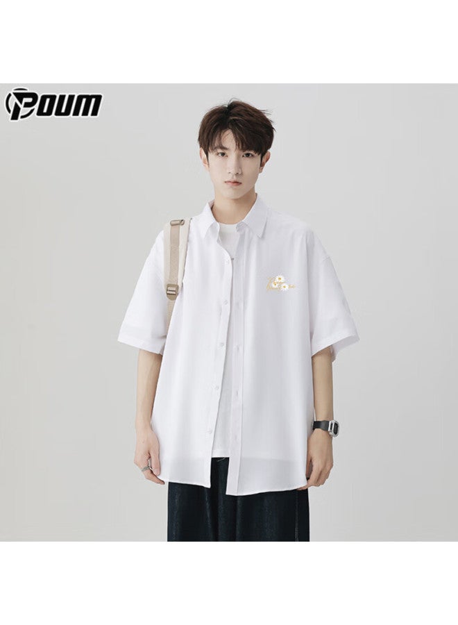 Poum Hong Kong Style Short Sleeve Shirt Men's Summer Casual Cool Feeling Loose Jacket Top Ph20 White 2XL - Image 5