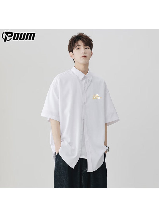Poum Hong Kong Style Short Sleeve Shirt Men's Summer Casual Cool Feeling Loose Jacket Top Ph20 White 2XL - Image 2