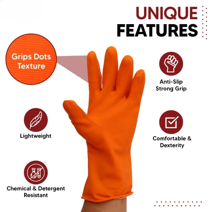 ETS Handpro ETSHandPro Premium Orange Rubber Cleaning Gloves Reusable Gloves for Cleaning Chemicals Detergents Resistant Pack of 6Hand Gloves for Dish Washing Gardening Cleaning  - Image 5