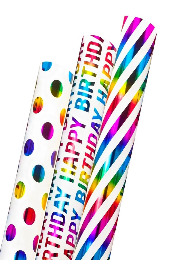 Viadom Birthday Wrapping Paper Iridescent Gift Wrapping Paper Mini Roll Baby Girl Shower Wrapping Paper, 3 Rolls Happy Birthday Polka Dots Stripes Printed Assortment - 17 inch x 120 inch(10feet Per Roll - Image 1