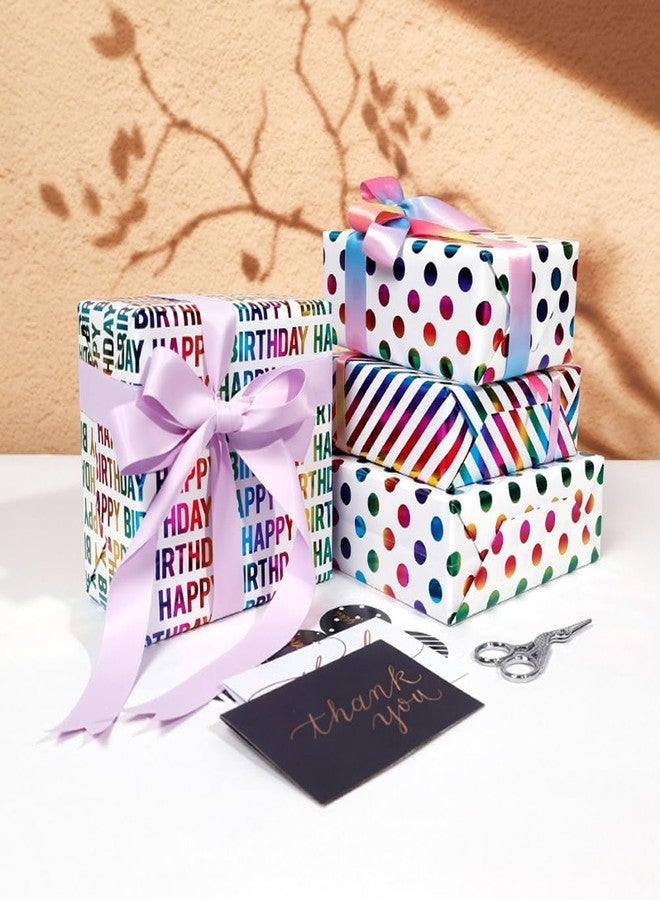 Viadom Birthday Wrapping Paper Iridescent Gift Wrapping Paper Mini Roll Baby Girl Shower Wrapping Paper, 3 Rolls Happy Birthday Polka Dots Stripes Printed Assortment - 17 inch x 120 inch(10feet Per Roll - Image 4