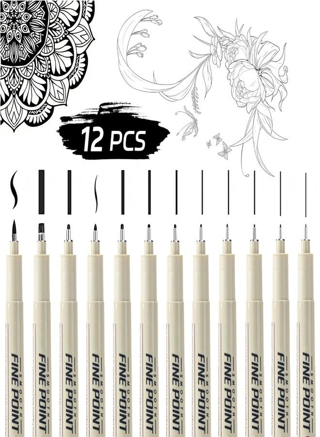 Amitasha 12 Pieces Black Fine Point Pens Set with Different Nib Sizes – Extra Fine Point Type for Calligraphy, Drawing, Writing, Designing, Comic, Waterproof & Quick Drying - Image 1