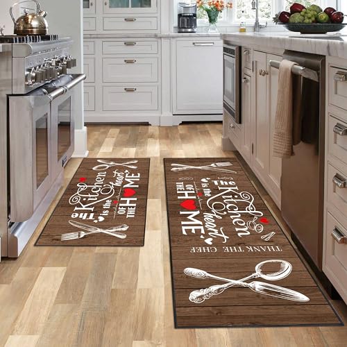 JWXCBIM 2 Piece Farmhouse Kitchen Rug Set, Brown and White Rustic Vintage Style Theme Decor Kitchen Rugs, Absorbent Washable Floor Mats, Home Indoor Runner Carpet 17x30+17x47 Inches - Image 1