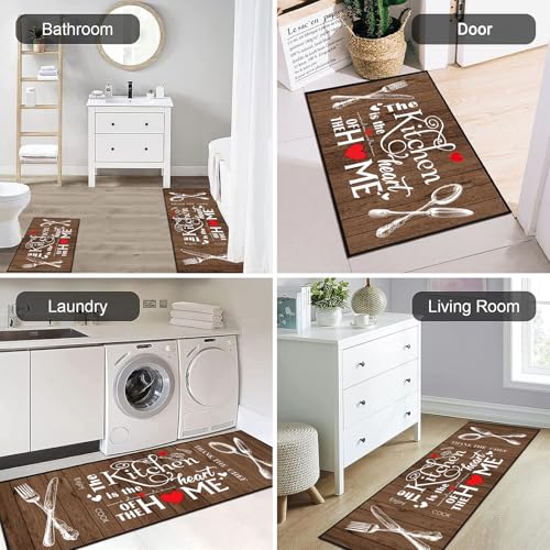 JWXCBIM 2 Piece Farmhouse Kitchen Rug Set, Brown and White Rustic Vintage Style Theme Decor Kitchen Rugs, Absorbent Washable Floor Mats, Home Indoor Runner Carpet 17x30+17x47 Inches - Image 5