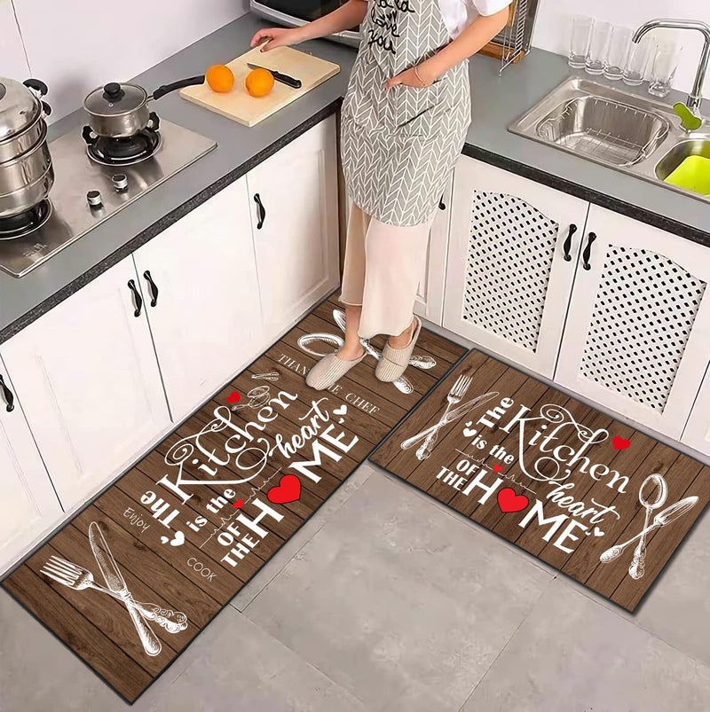 JWXCBIM 2 Piece Farmhouse Kitchen Rug Set, Brown and White Rustic Vintage Style Theme Decor Kitchen Rugs, Absorbent Washable Floor Mats, Home Indoor Runner Carpet 17x30+17x47 Inches - Image 2
