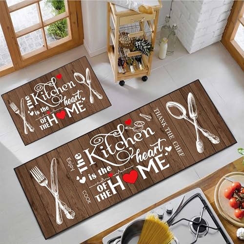 JWXCBIM 2 Piece Farmhouse Kitchen Rug Set, Brown and White Rustic Vintage Style Theme Decor Kitchen Rugs, Absorbent Washable Floor Mats, Home Indoor Runner Carpet 17x30+17x47 Inches - Image 3