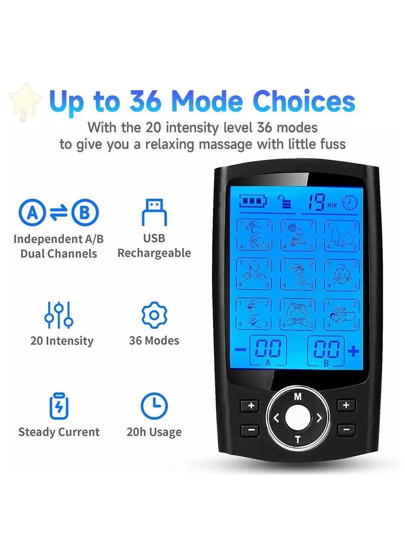 LAESO Dual Channel TENS EMS MASS Unit 36 Modes Muscle Stimulator for Pain Relief Therapy, Electronic Pulse Massager Muscle Massager with 10 Pads, Dust-Proof Drawstring Storage Bag, Fastening Cable Ties - Image 5
