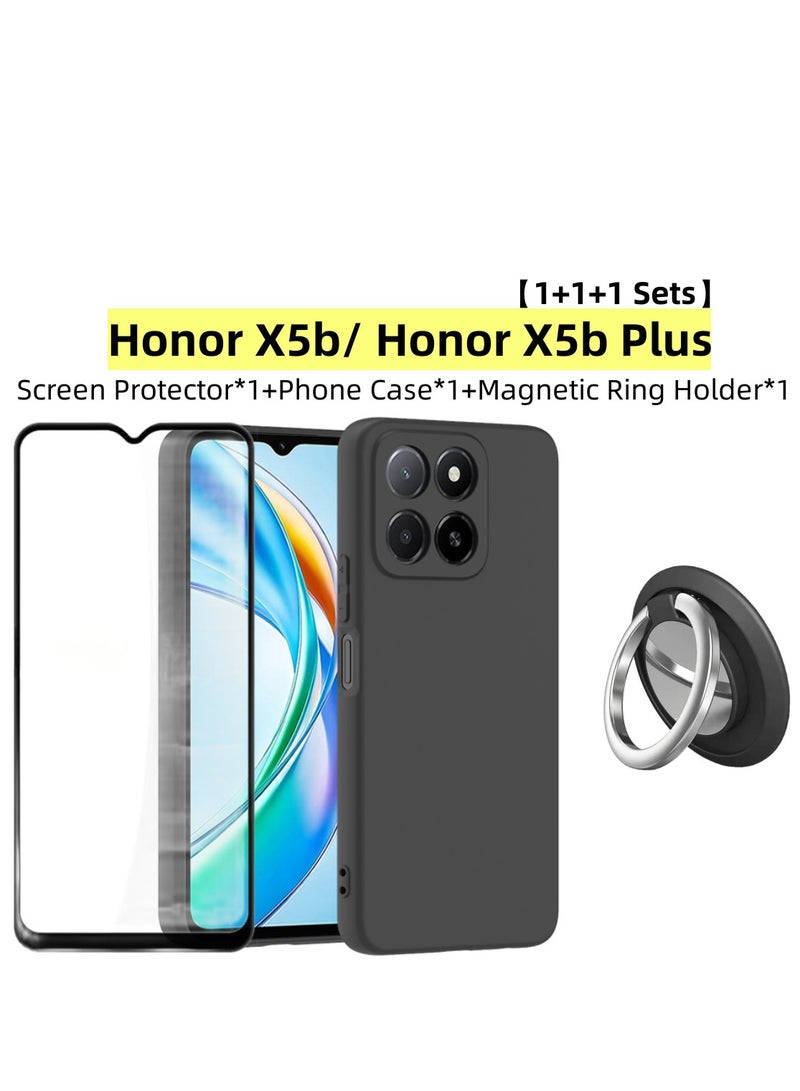 【1+1+1 Sets】for Honor X5b/ Honor X5b Plus Case & Screen Protector & Magnetic Ring Holder Frosted Pudding Material TPU Cover with Tempered Glass Screen Protector,Ring Holder Suitable for Car Magnetic Attraction  - Image 1